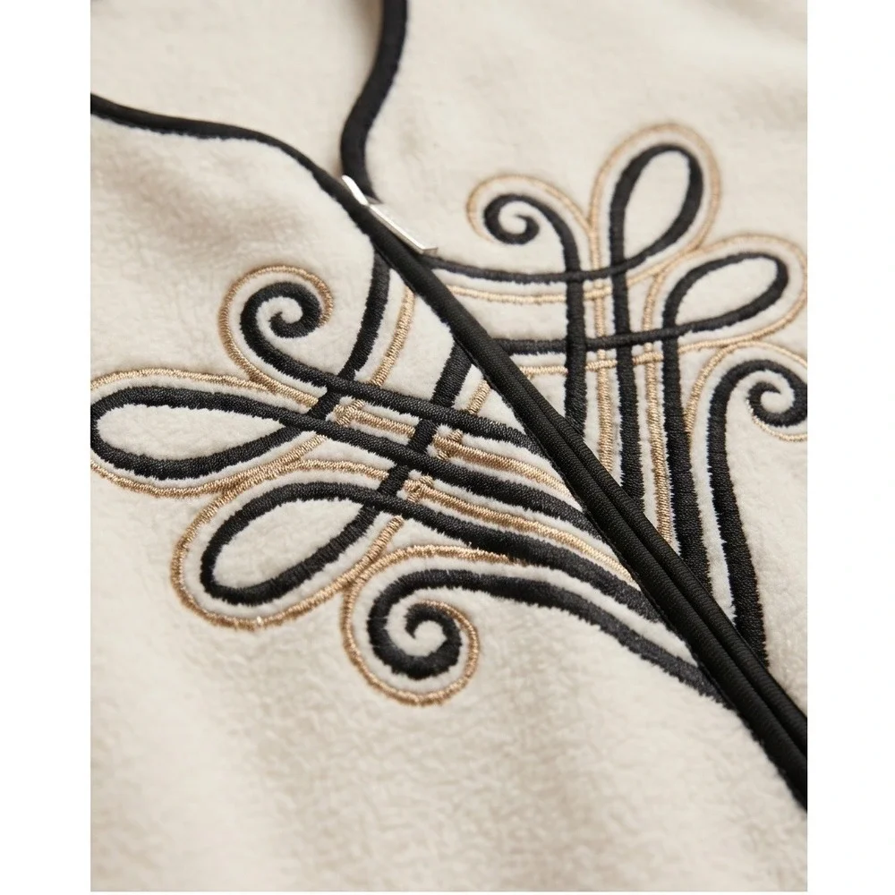 Bob Mackie XL Wearable Art Cream Fleece‎ Zip Up Jacket Embroidered Scrollwork